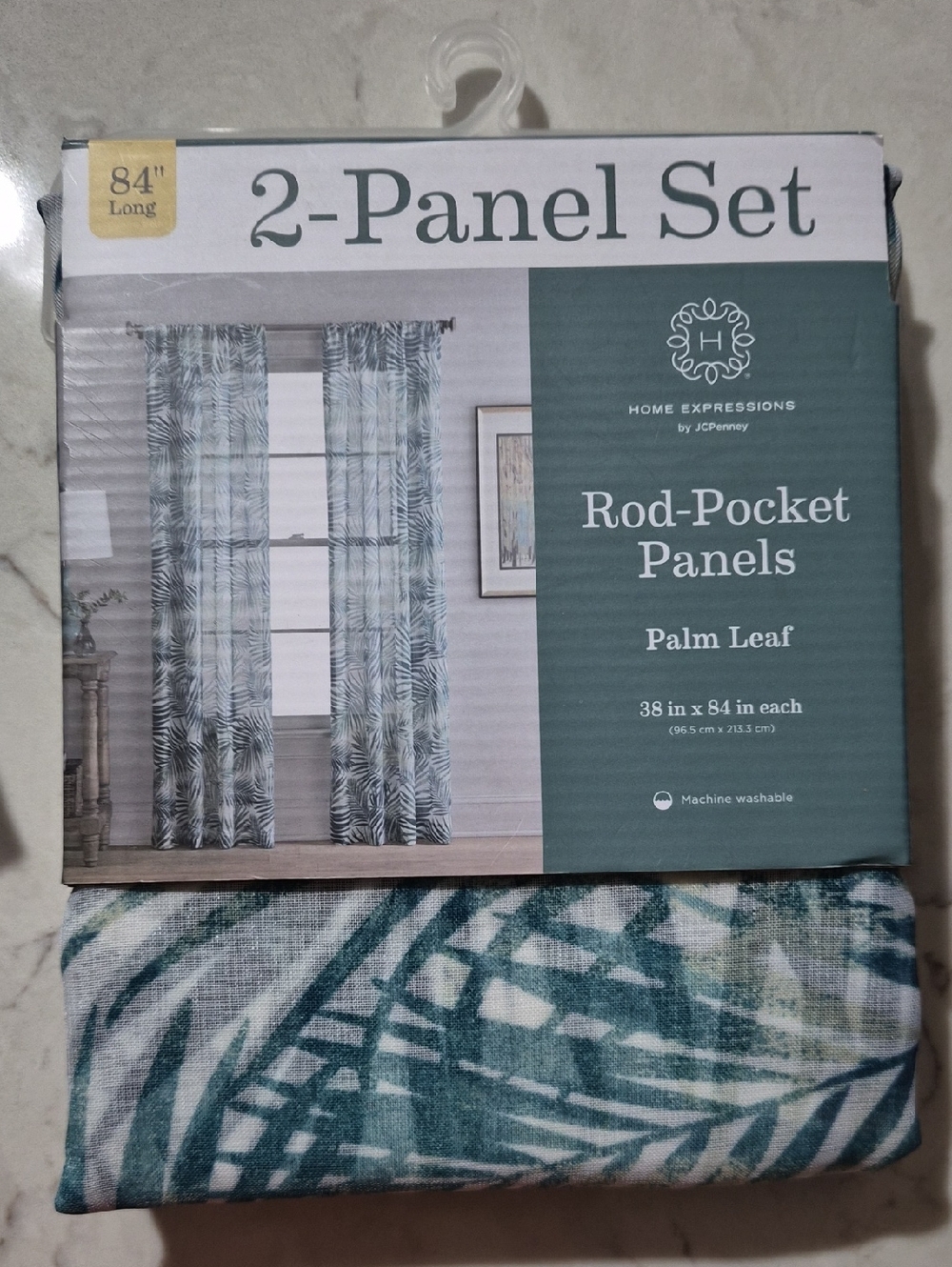 Expressions Palm Leaf Rod-Pocket Curtain Panels - Teal & White (5 Panels)